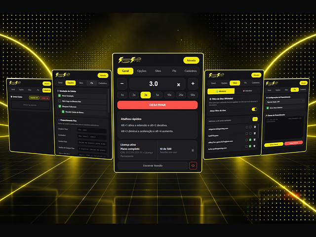 Painéis da Extensão SpeedSpin com velocidade, opções, sites e preenchimento