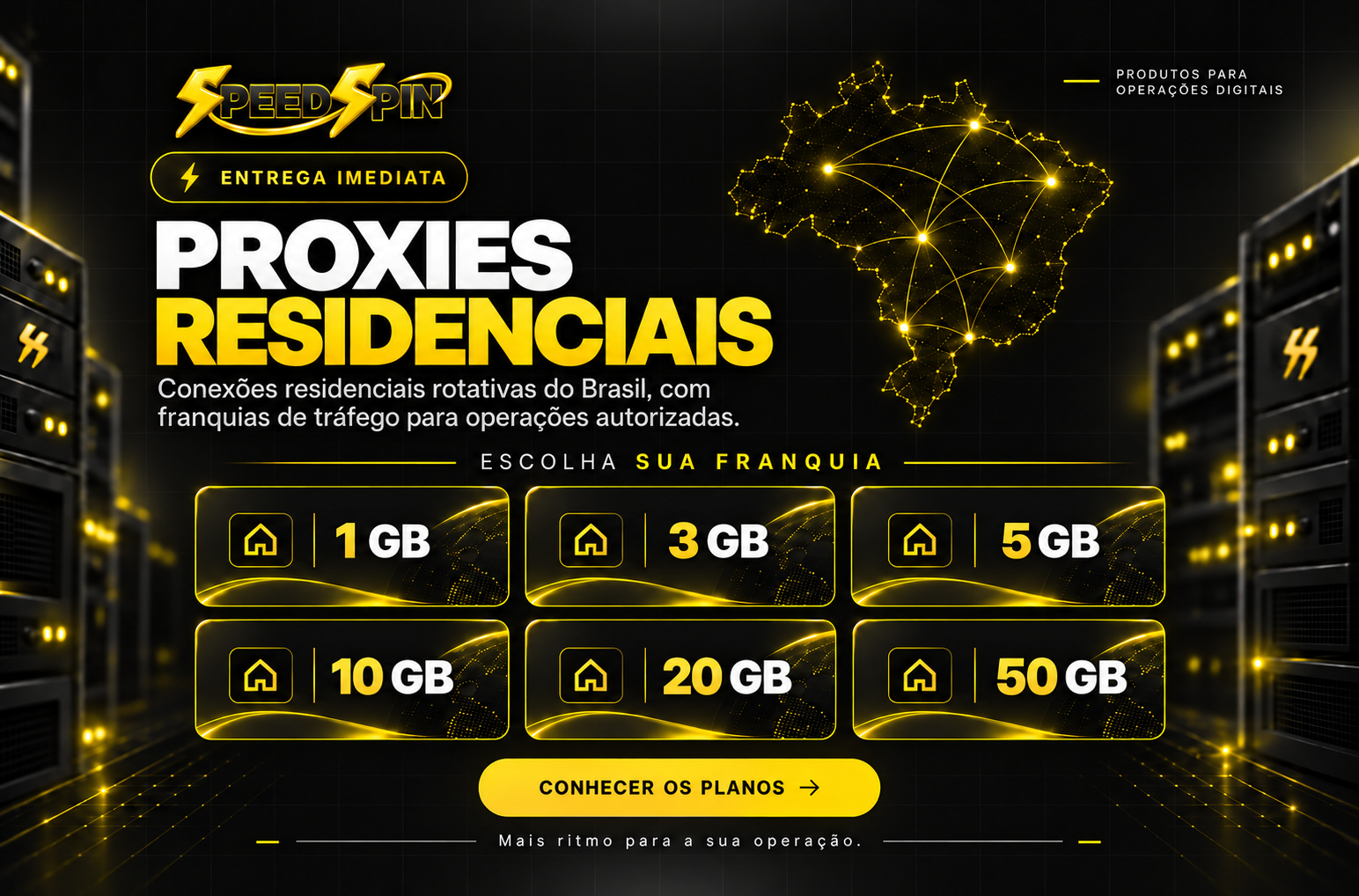 Apresentação dos proxies residenciais SpeedSpin com mapa do Brasil e franquias